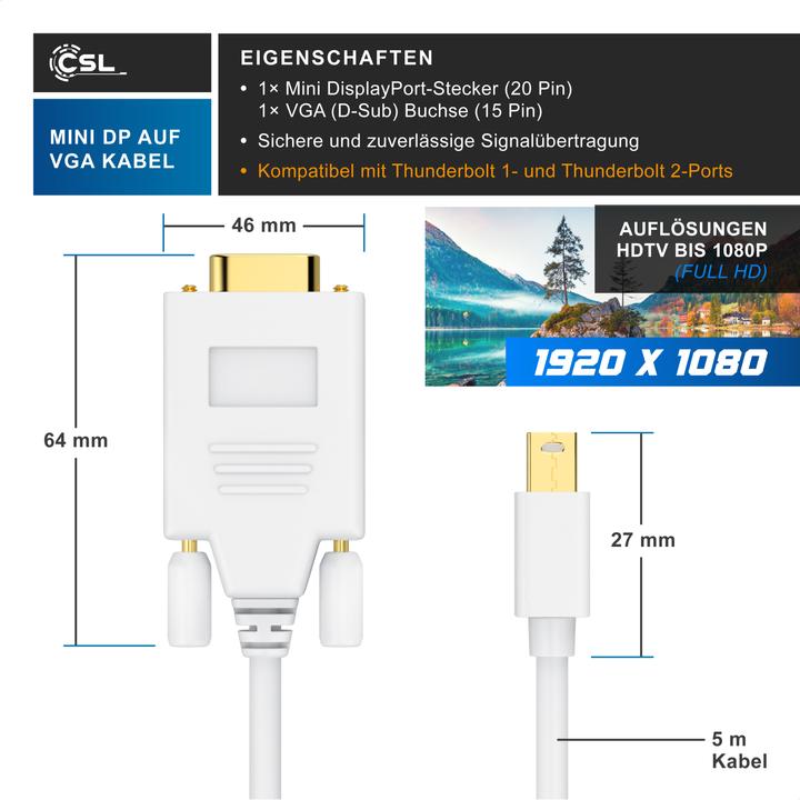 Immagine prodotto CSL Cavo audio-video da mini Displayport a VGA, adattatore per monitor miniDP / compatibile con (3 m, DisplayPort, VGA)