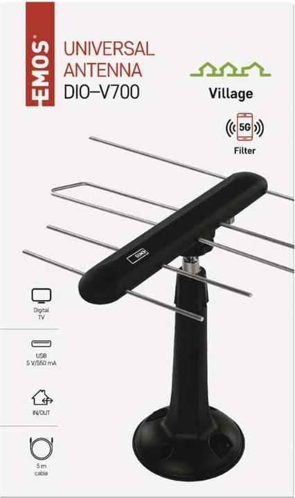 Actual product image Emos Universal antenna EM-DIO3, 0-80 km, DVB-T2, LTE/4G/5G filter (DVB-T / -T2, LTE)