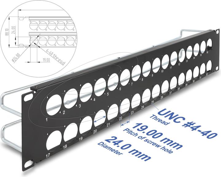 Produktbild Delock 19? D-Typ Patchpanel mit Entlastungsschienen 32 Port 2 HE schwarz