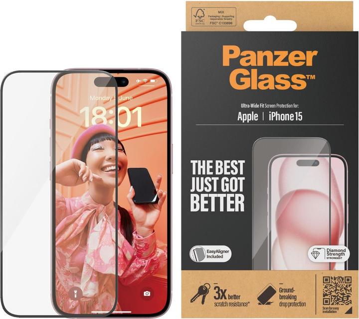PanzerGlass Screen Protector iPhone 2023 6.1 Ultra-Wide Fit w. EasyAligner (1 Stuk, Apple iPhone 15)