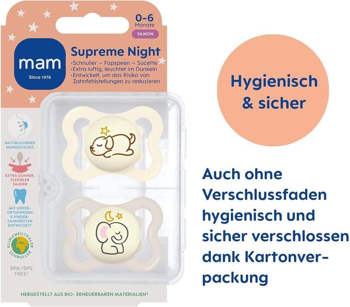 Image du produit MAM Sucettes Supreme Night en silicone, 2 pièces, 0-6 (2 x, jusqu'à 6 M.)