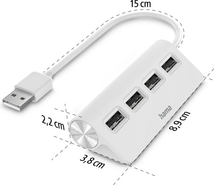 Actual product image Hama USB-A hub, 4 ports, USB 2.0, 480 Mbit/s, white (USB-A, 4 Ports)