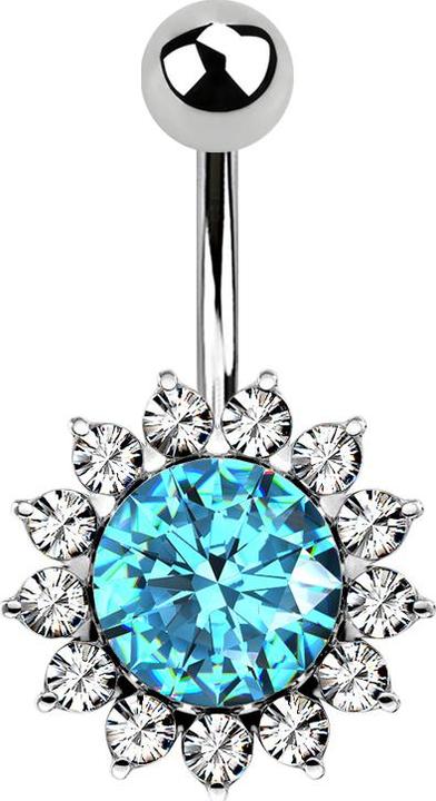Star Piercing Banane silber mit Kugel grosser runder Kristall aqua umrandet (Messing, Chirurgenstahl 316L)