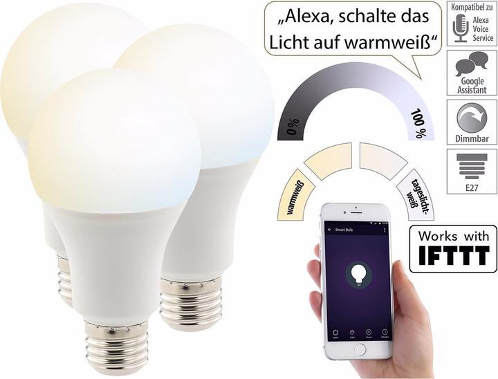 Produktbild Luminea 3er-Set WLAN-LED-Lampen mit Sprachsteuerung (E27, 10 W, C)