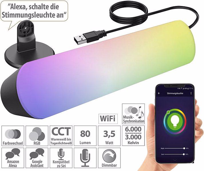 Produktbild Luminea WLAN-USB-Stimmungsleuchte mit RGB+CCT-LEDs, App, 80 lm, 3,5 Watt, schwarz (80 lm, IP44)