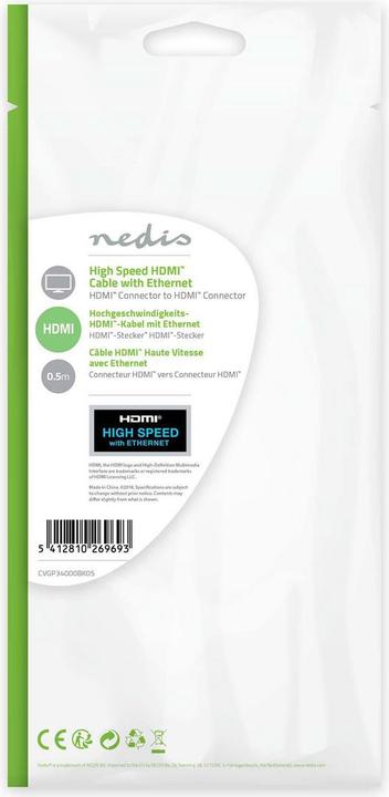 Produktbild Nedis CVGP34000BK05 HDMI-Kabel 0,5 m HDMI Typ A (Standard) Schwarz (0.50 m, HDMI)