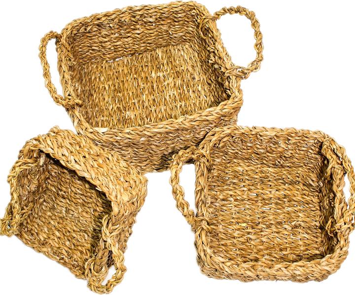 Natura Punto 3-piece seagrass baskets set, each with 2 handles, brown, square (3 x)