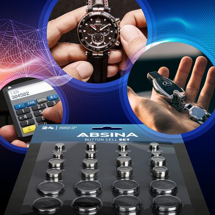 Actual product image Absina Set of 24 button cells alkaline + lithium (24 pcs., CR2032, LR621., CR2016, CR2025, 158 mAh)