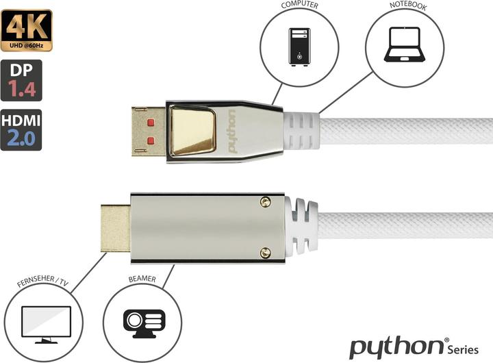Image du produit Python PYT M0223 DP 1.4 vers HDMI 2.0 A mâle, nylon, 4K@60Hz, 3 m, blanc (3 m, HDMI)