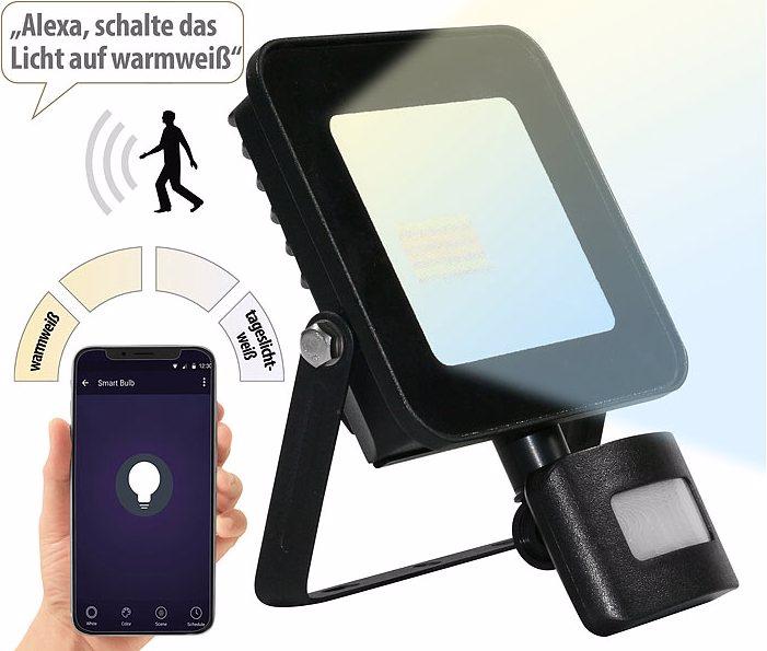 Image du produit Luminea Projecteur WLAN, LED CCT, app, commande vocale, PIR, 1 600 lm, 20 watts, IP44 (1600 lm, IP44)