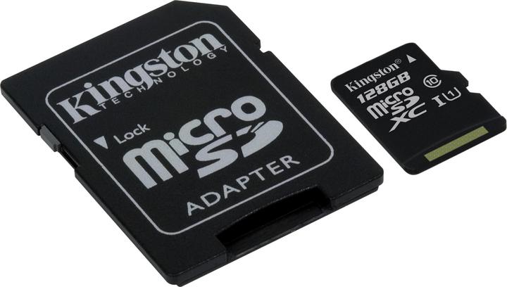 Productafbeelding Kingston microSDXC Kaart 128GB, incl SD Adap (128 GB, microSDXC, U1, UHS-I)