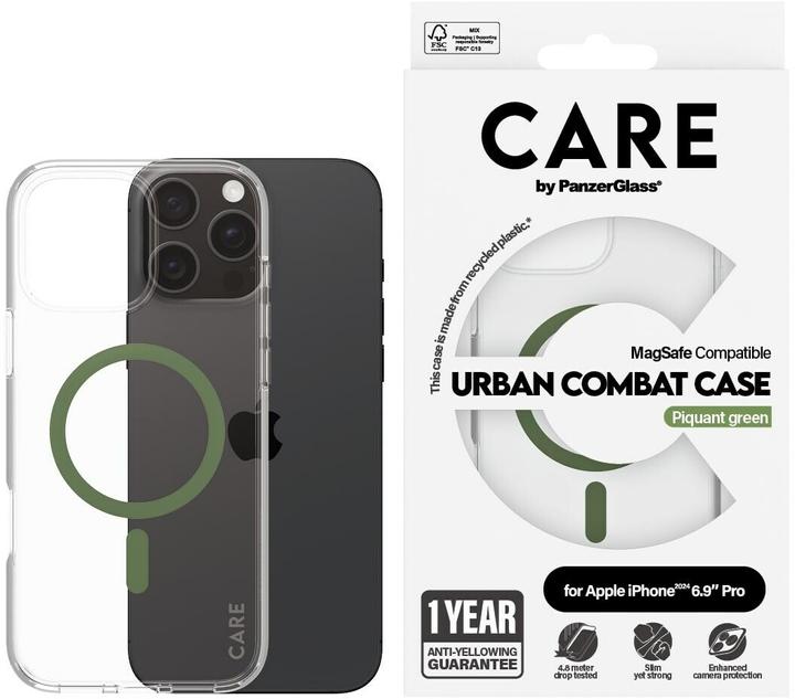 Actual product image PanzerGlass CARE by ® Flagship Case Transparent Urban Combat w. Green MagSafe iPhone '24 6.9" Pro (Apple iPhone 16 Pro Max)