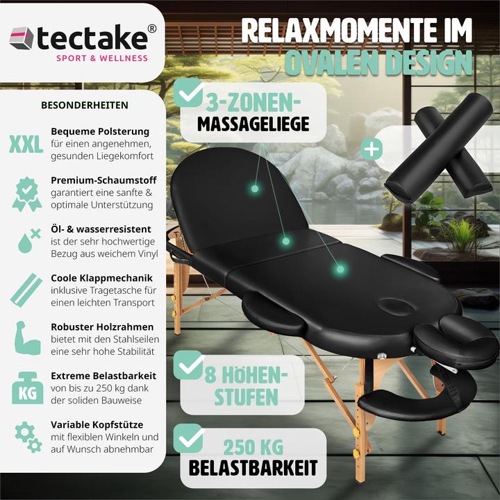Immagine prodotto tectake Lettino da massaggio ovale a 3 zone con 5 cm di imbottitura, rulli e supporto in legno