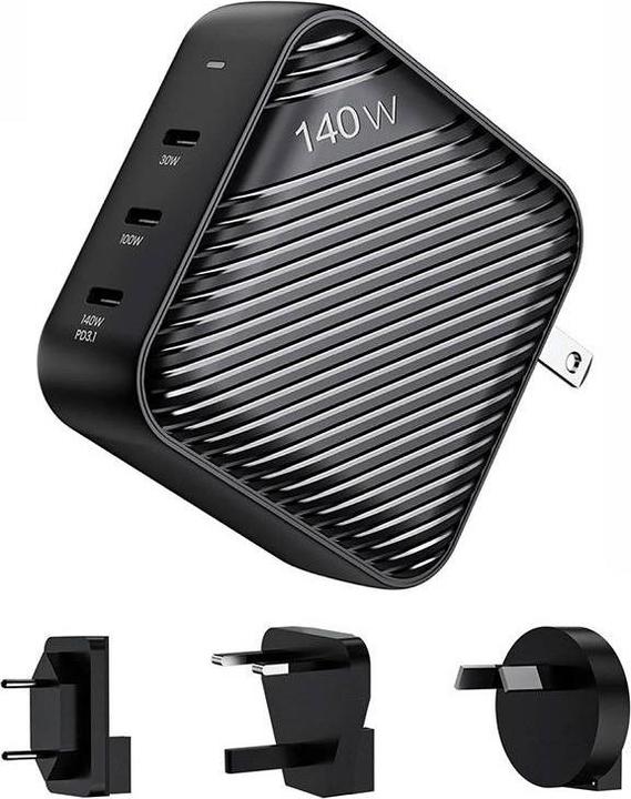 Image du produit Invzi Wall charger GanHub 3x USB-C, 140W, EU/UK/AU/US (black) (140 W)