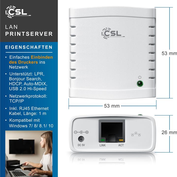 Produktbild CSL LAN Printserver Druckerserver USB2.0, LRP Print Server für Windows, Netzwerk USB zu RJ45, DHCP fähig