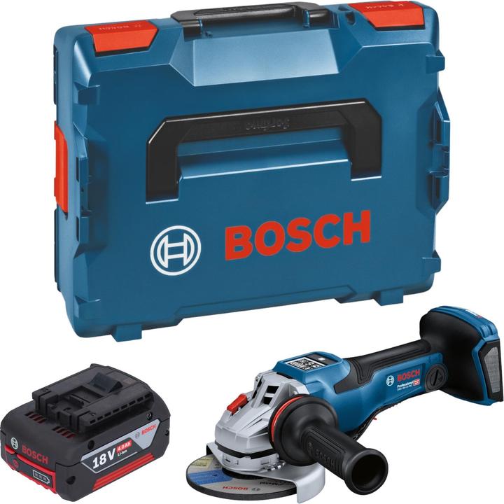 1x Bosch GBA 18 V / 4 Ah / 4000 mAh Li-Ion Akku, 1x Schutzhaube ( 1 605 510 365 ), 1x Anklippbare Trennschutzhaube aus Metall ( 2 608 000 756 ), 1x Bosch GWS 18V-15 PSC Professional Akku Winkelschleifer, 1x Schnellspannmutter ( 2 608 000 684 ), 1x Zusatzhandgriff Vibration Control ( 2 608 900 000 ), 1x Bosch L-Boxx 136