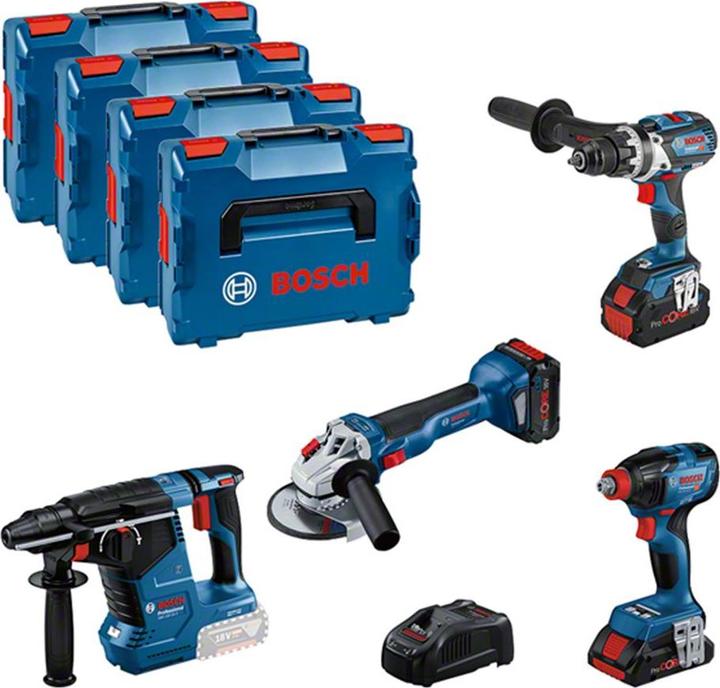 Bosch Professional Combo kit set with 4x 18V: GSR18V-110C/GDX18V-210C/GWS18V-10/GBH 18V-24C, 3x rechargeable battery