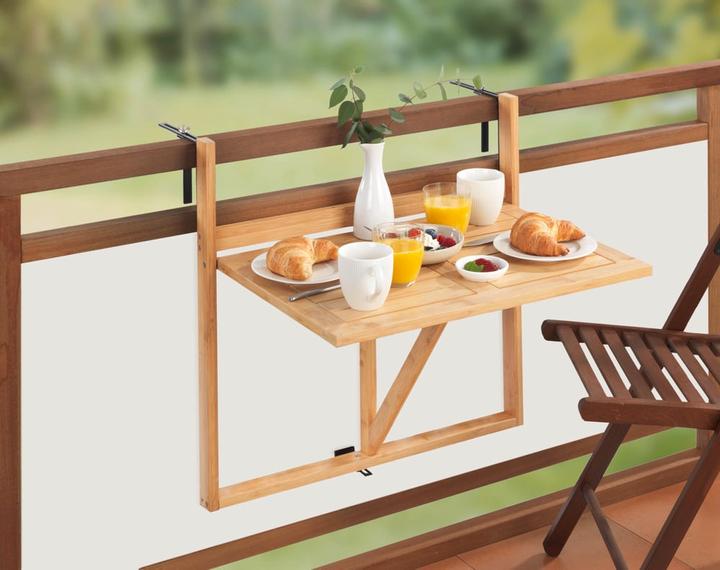 Actual product image Wenko Bamboo balcony folding table Mod. Waikiki for hanging on balcony railings (64 cm)