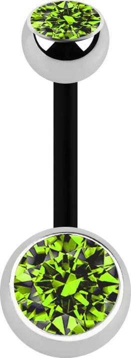 Produktbild Star Piercing Banane schwarz mit zwei Kugeln silber Kristall hellgrün (ohne Messing, Chirurgenstahl 316L, Bioflex)