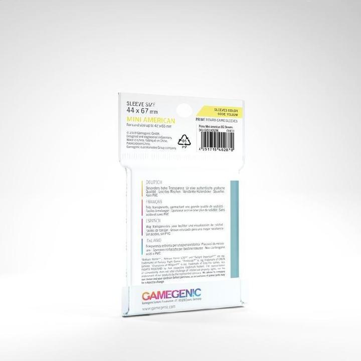 Actual product image Gamegenic GGS10052 - PRIME Mini American-Sized Sleeves 44 x 67 mm - Transparent (50 Sleeves)