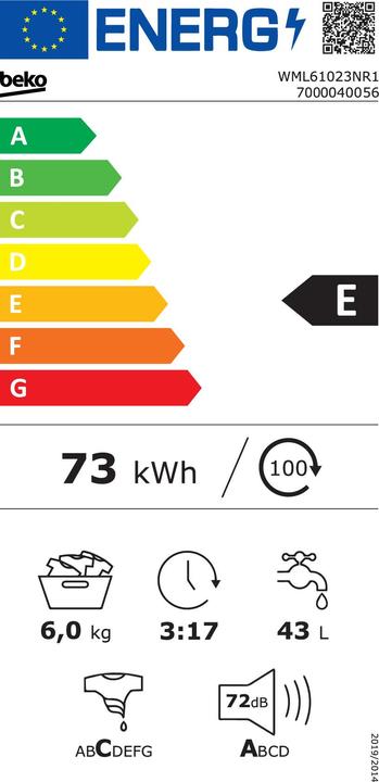 Label énergétique Beko WML61023NR1 Machine à laver autoportante à chargement frontal E (6 kg, Gauche)
