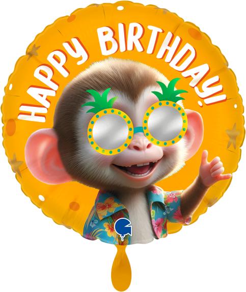 Produktbild Grabo Folienballon Happy Birthday Affe mit Sonnenbrille Ø 38 cm ohne Füllung (1 x)