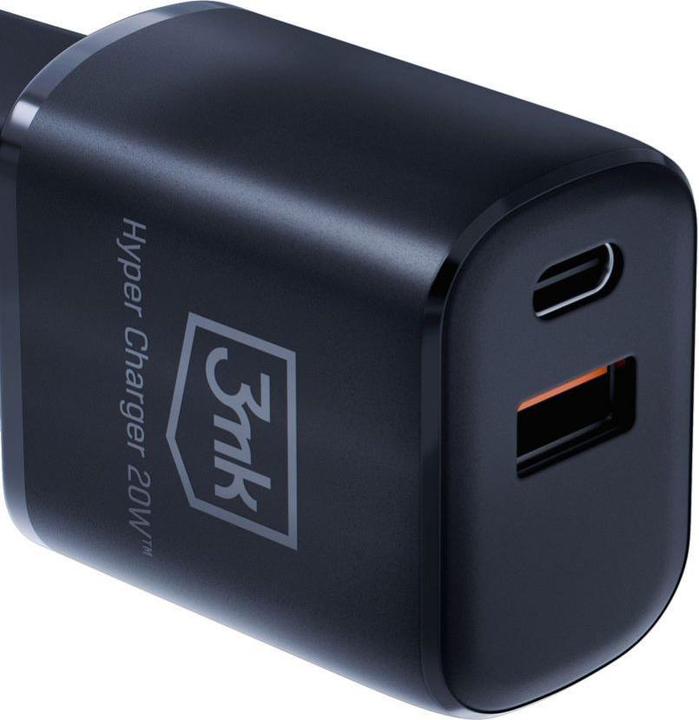 Produktbild 3MK HyperCharger 20W 1xUSB-C + 1xUSB-A ładowarka sieciowa PD/QC czarna/black (20 W)