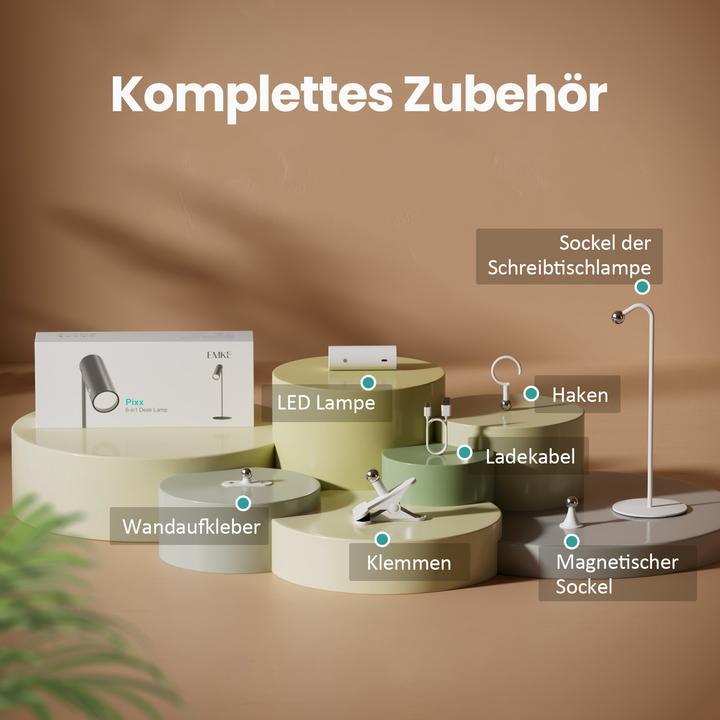 Produktbild Emke LED-Tischleuchte kabellos, 6-in-1, dimmbar, Touch-LED, weiss, 3 Farbmodi, magnetische Wandleuchte
