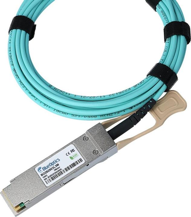 Actual product image BlueOptics 10437-BO. Cable length: 20 m, Connector 1: QSFP28, Connector 2: QSFP28. Weight: 150 g, Package