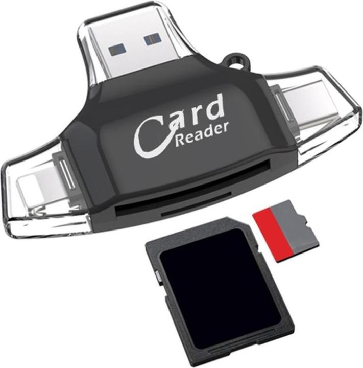 Produktbild Apfelkiste 4in1 Mini-Kartenleser für SD/MicroSD – Lightning, USB C & Micro USB (Schwarz)
