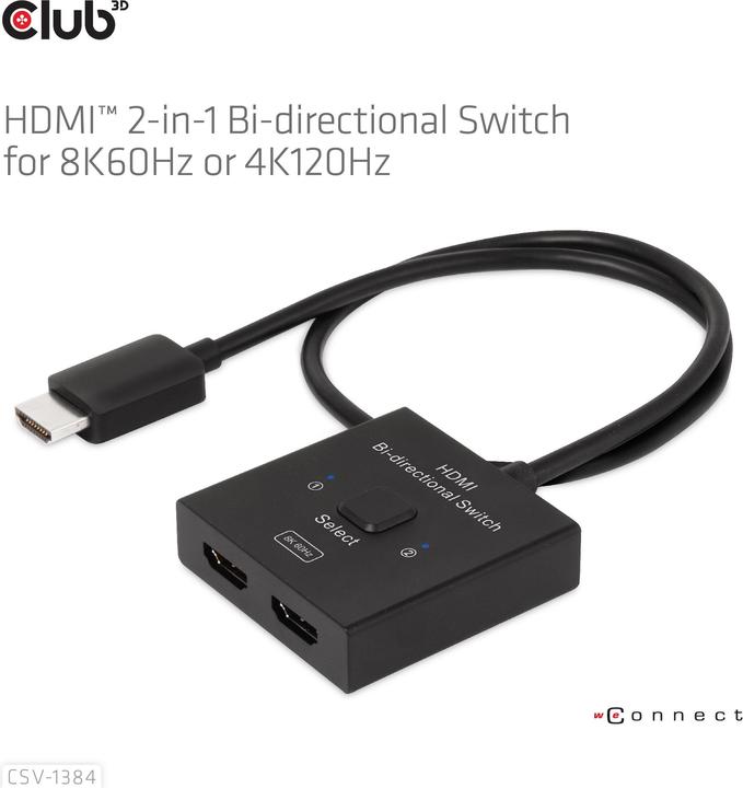 Image du produit Club 3D Club3D HDMI Switch 2-en-1 bidirectionnel 8K60Hz/4K120Hz UHD retail