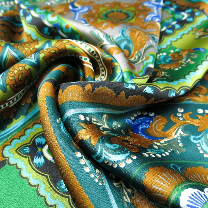 Produktbild Stoffrestposten Satin - Ornamenten Patchwork Grün/Braun