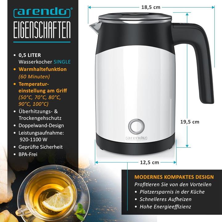 Actual product image Arendo Wasserkocher mit Temperatureinstellung & Warmhaltefunktion (0.50 l, EU plug)