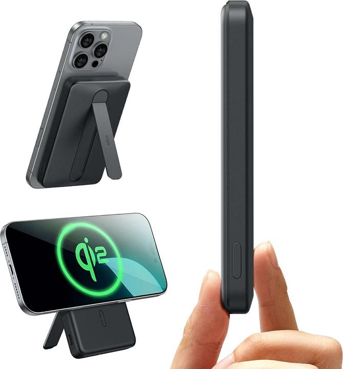 Actual product image ESR Qi2 MagSlim 5000 mAh magnetic powerbank with stand (black) (5000 mAh, 15 W)