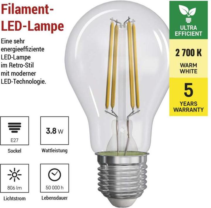 Produktbild Emos LED Lampe Filament A60 / E27 / 3,8 W (60 W) / 806 lm / Warmweiss (E27, 3.80 W, 806 lm, 1 x, A)