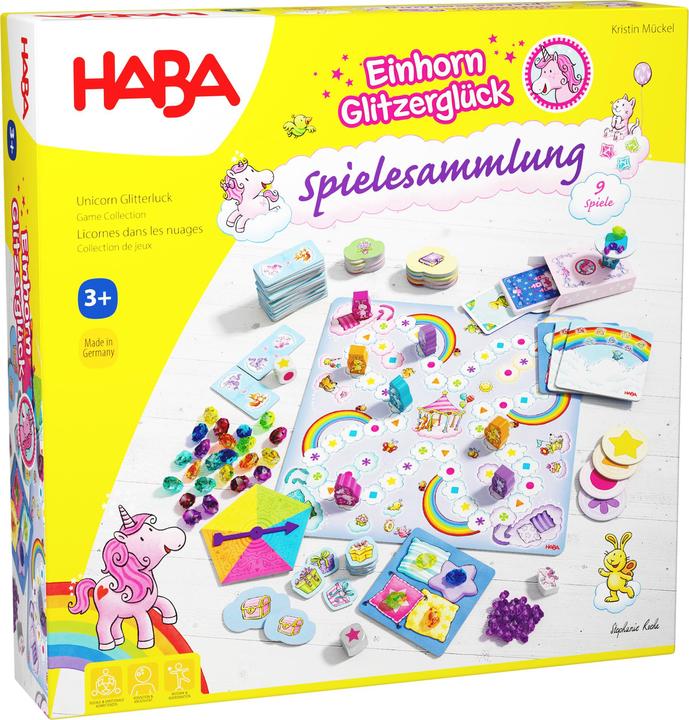 Haba Unicorn glitter happiness game collection (English, German, Italian, French)