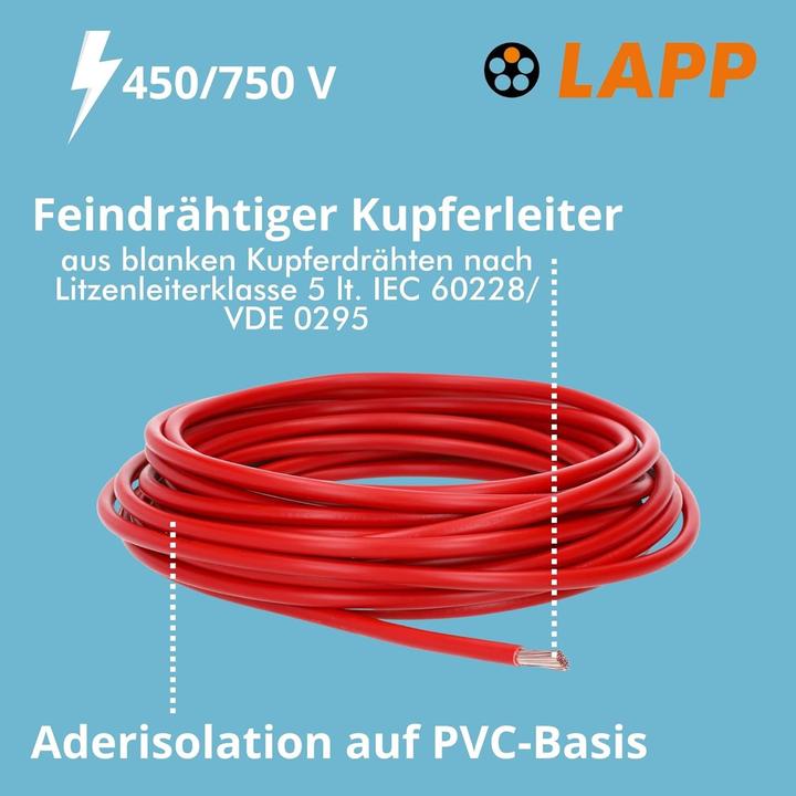 Produktbild Lapp 5 Meter 4520046 H07V-K 16,0 mm² rot I Verdrahtungsleitung I Aderleitung flexibel I PVC-Einzelad (5 m)