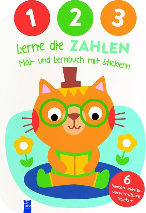 1,2,3 - Lerne die Zahlen - Mal- und Lernbuch mit Stickern (Cover Katze) (Deutsch)