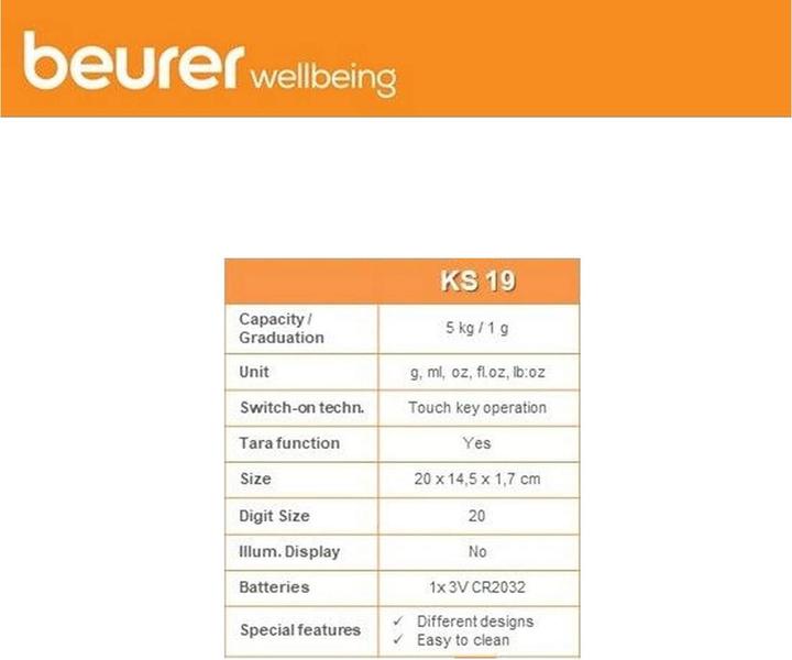Valeurs nutritives et ingrédients Beurer Ks 19