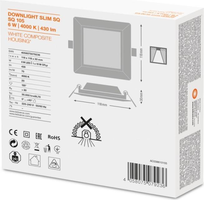 Produktbild Ledvance LED Downlight Einbauleuchte flach Downlight Slim square 105 6W/4000K WT 6W 4000K 430lm 30000h whi... (430 lm)