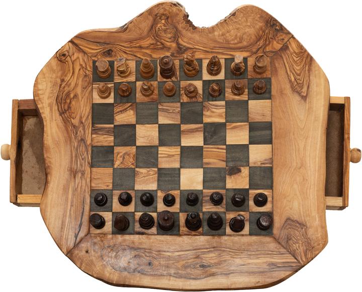 Produktbild Natura Punto Olivenholz-Schachbrett mit Figuren und kleiner Schublade, 40 x 40 cm, Made in Italy