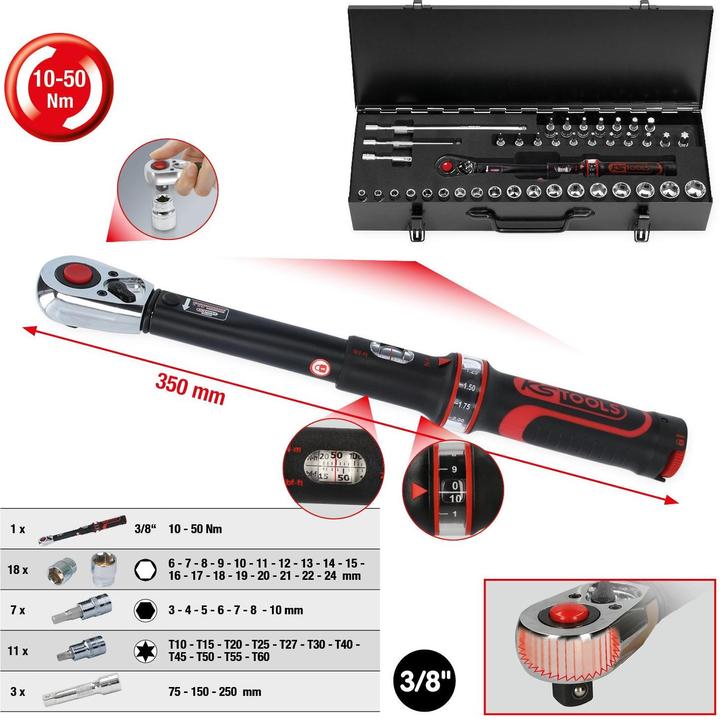Produktbild KS Tools ERGOTORQUE®precision Ratschen-Drehmomentschlüssel-Satz, 3/8", 40 T., 10-50 Nm (3/8", 10 Nm, 50 Nm)