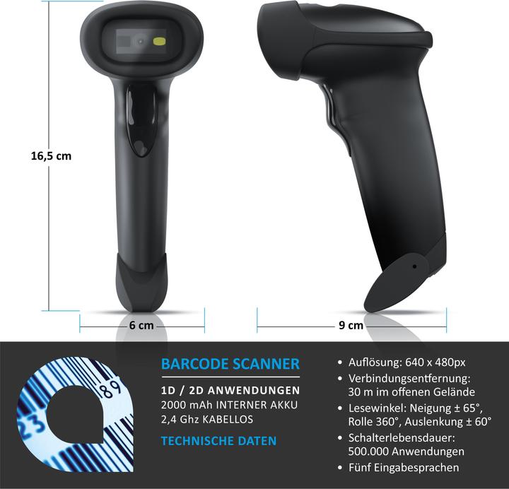 Produktbild Aplic Wireless Barcode Scanner, Handscanner 2.4 GHz 1D 2D, 2000 mAh, Barcodescanner inkl. Standfuss (1D-Barcodes, 2D-Barcodes)