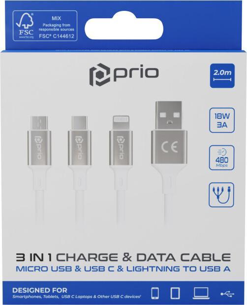 Image du produit prio Câble 3in1 Micro USB & USB C & Lightning vers USB A 3A 2m blanc (0.60 m)