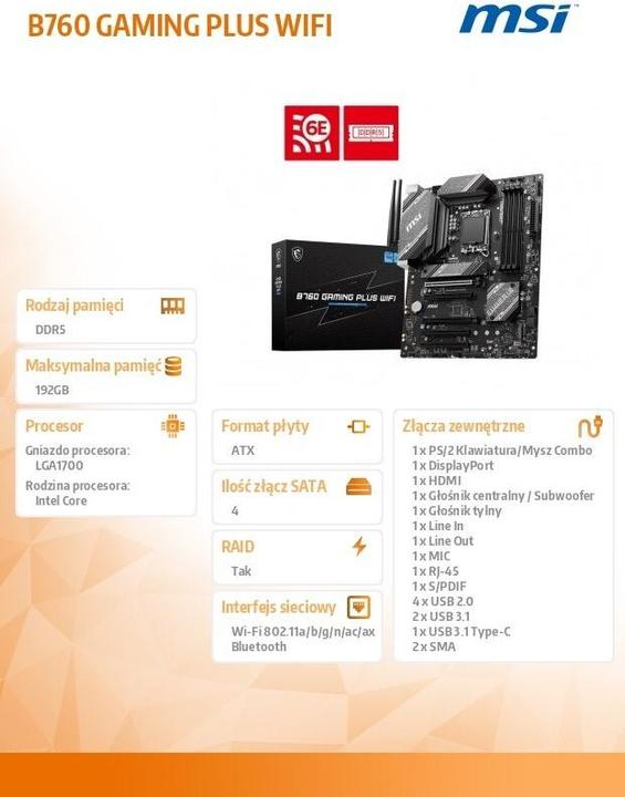 Image du produit MSI B760 GAMING PLUS WIFI LGA1700 mATX MB 4xDDR5 4xSATA 2xM.2 (LGA 1700, Intel B760, ATX)