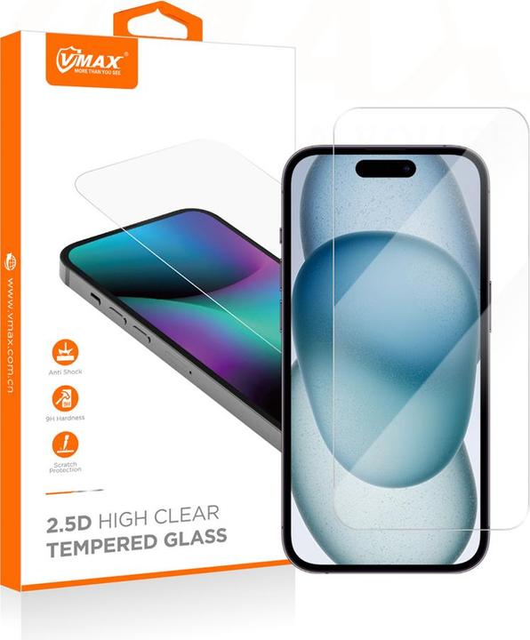 Produktbild Vmax gehärtetes Glas 2,5D Normales Klarglas für iPhone 15 6,1" (1 Stück, Apple iPhone 16)