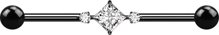 Image du produit Star Piercing Barbell schwarz mit zwei Kugeln zwei runde Kristalle mittig ein quadratischer Kristall (sans laiton, Titane G23)