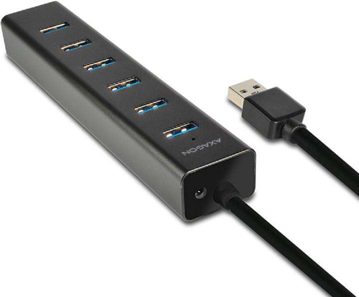 Produktbild Axagon HUE-SA7BP 7x USB3.0 ALU Ladehub inkl. AC-Adapter, Juodas (USB-A, USB-B, 7 Ports)