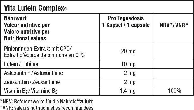 Nutritional values and ingredients Vita Lutein Complex mit Lutein  Astaxanthin  Heidelbeerpulver (60 Piece, Powder, Capsules, 174 g)