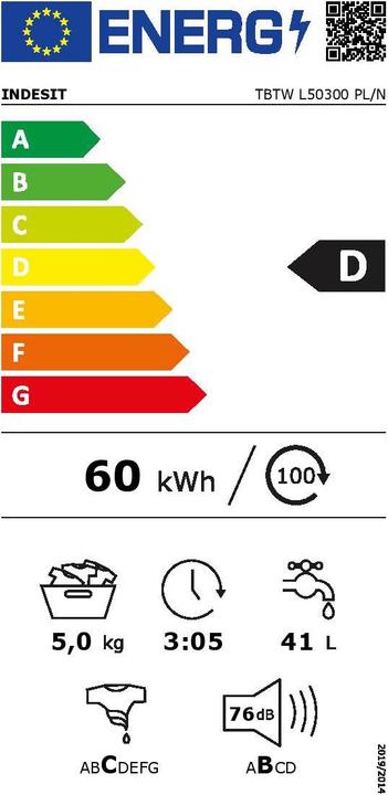 Energy Label Indesit TBTW L50300 PL/N Washing Machine Freestanding Top Loader (5 kg, Upwards)